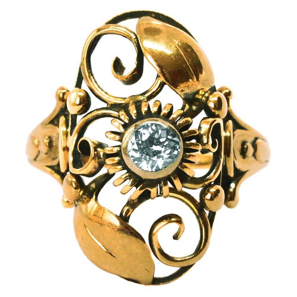 Antique 14ct Gold, Diamond Skonvirke Ring
