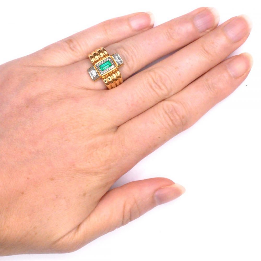 Retro 14ct Gold, Emerald & Diamond Tank Ring