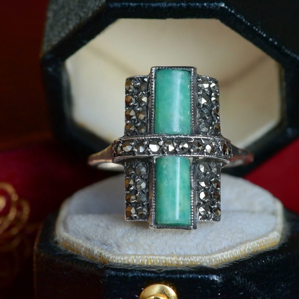 Art Deco 935 Silver, Amazonite & Marcasite Ring - Image 3