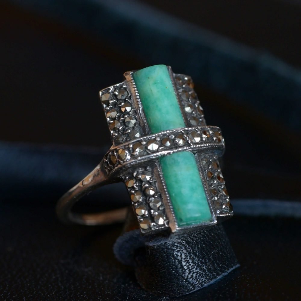Art Deco 935 Silver, Amazonite & Marcasite Ring - Image 5