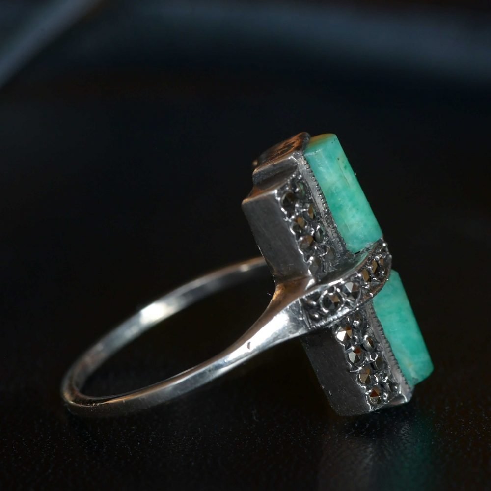 Art Deco 935 Silver, Amazonite & Marcasite Ring - Image 6