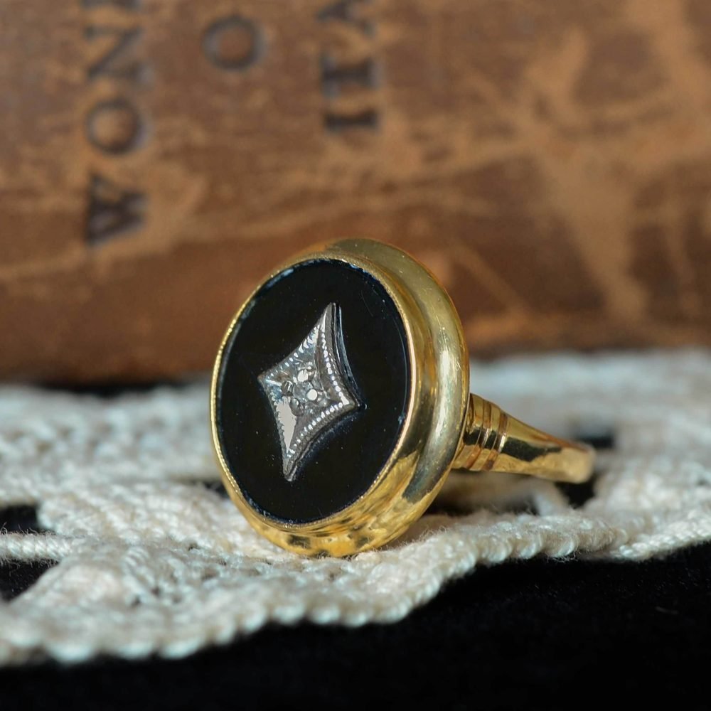 Art Deco 10ct Gold, Onyx and Diamond Ring