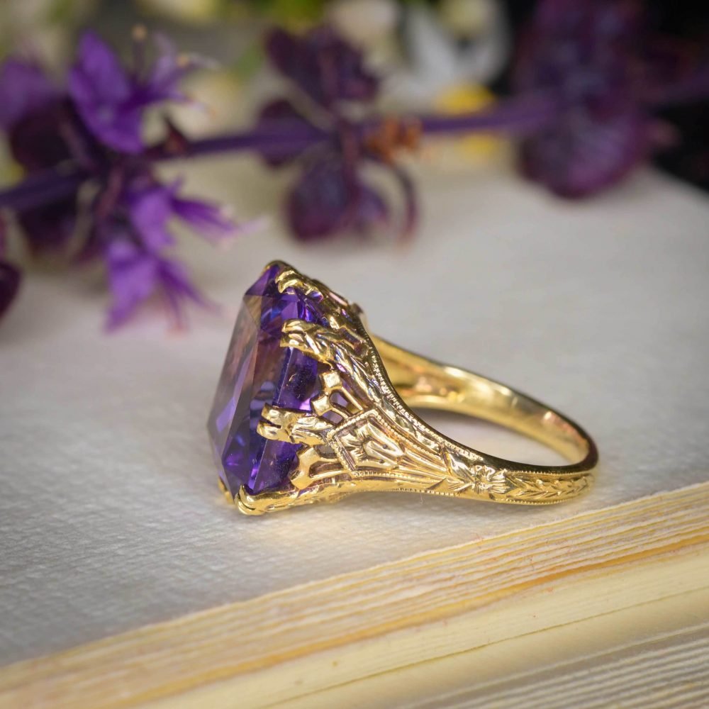 Art Deco 14ct Gold, Amethyst Filigree Ring - Image 4