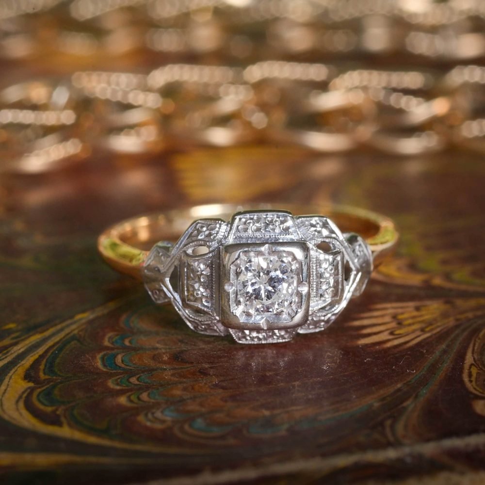 Art Deco 14ct Gold, Diamond Solitaire Ring - Image 5
