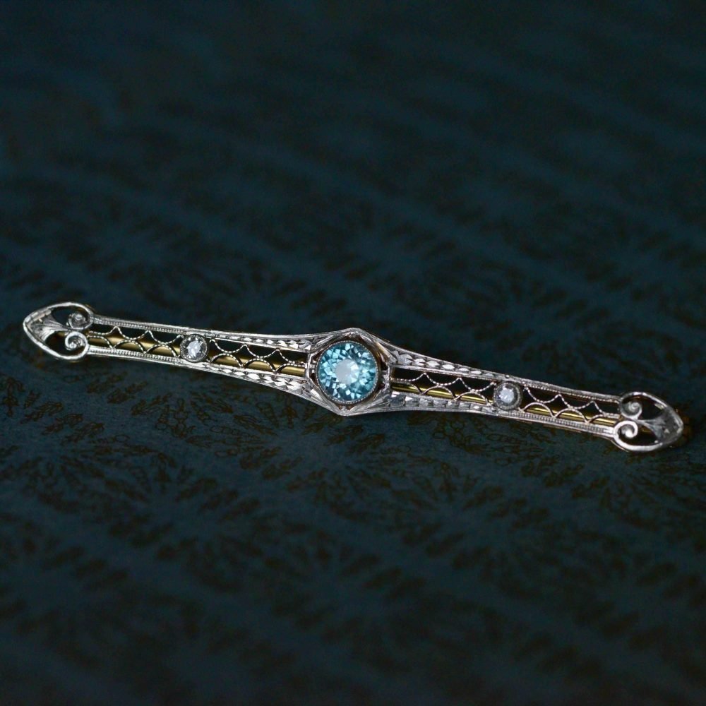 Art Deco 14ct Gold & Platinum, Diamond & Zircon Bar Brooch - Image 3