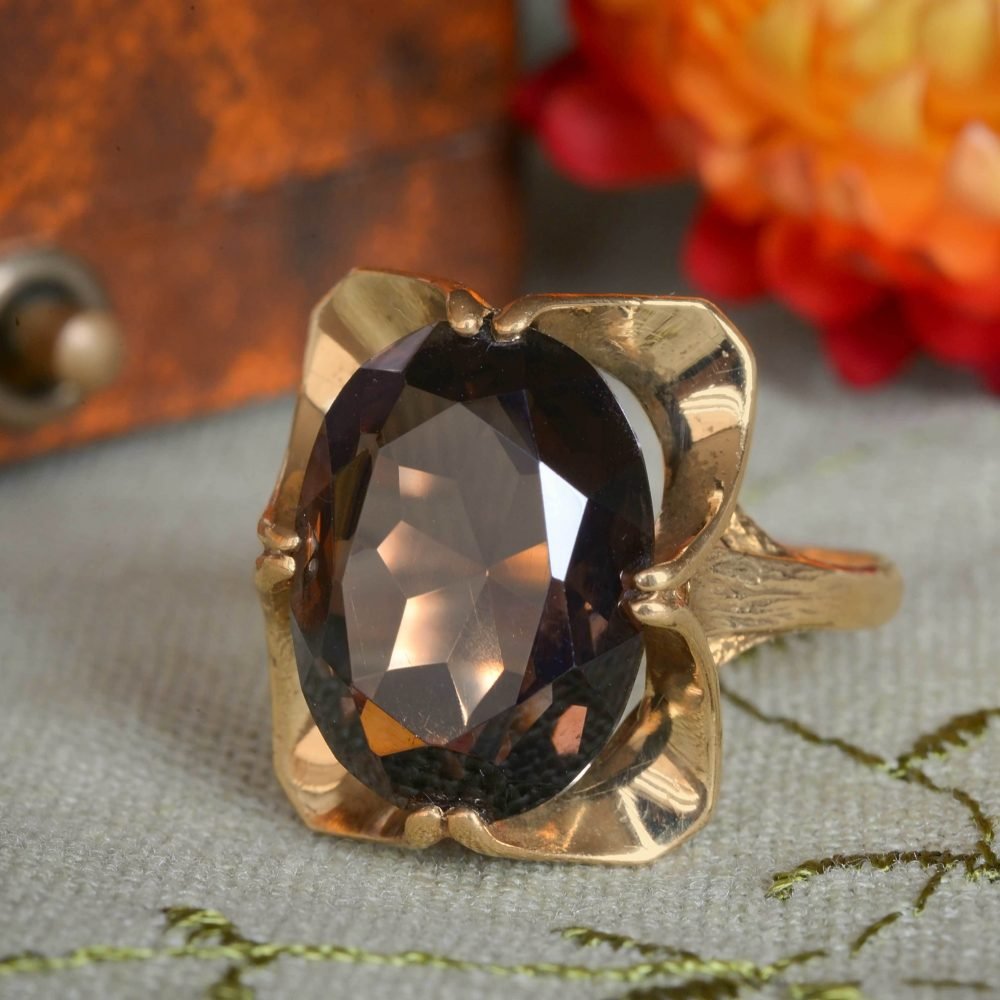 Vintage 9ct Gold, Smoky Quartz Cocktail Ring