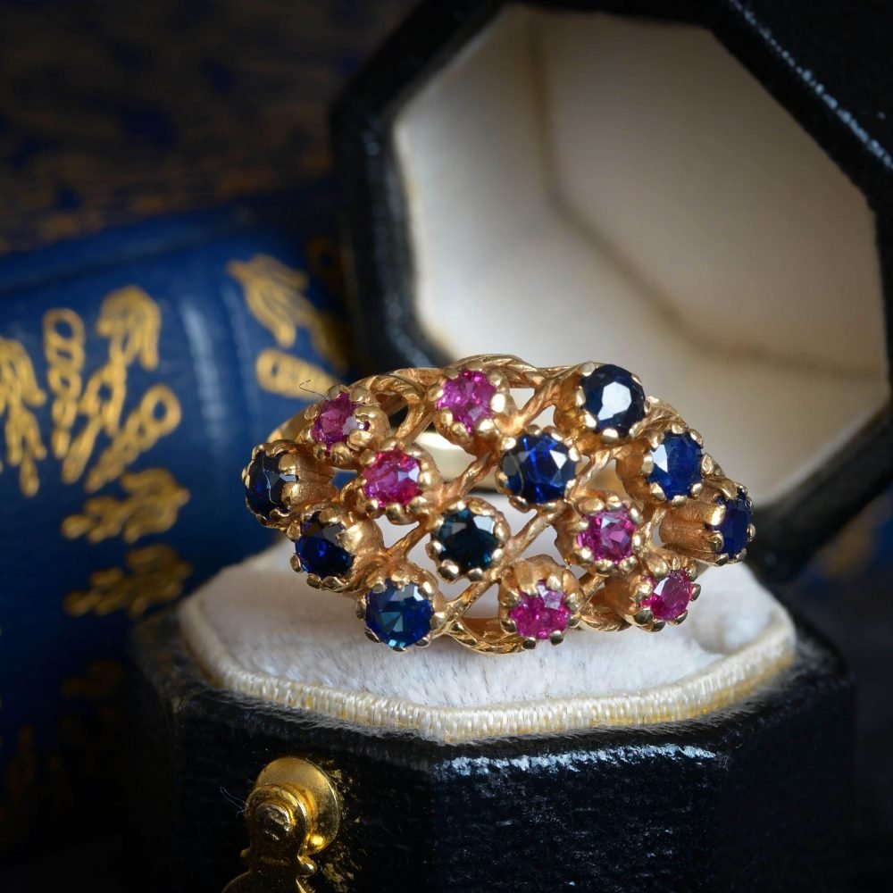 Vintage 9ct Gold, Pink & Blue Sapphire Bombe ring - Image 4
