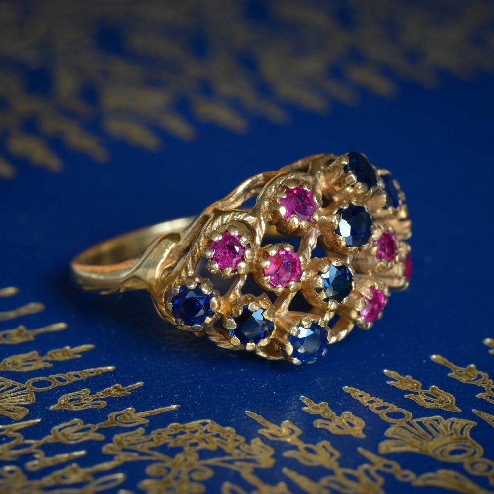 Vintage 9ct Gold, Pink & Blue Sapphire Bombe ring