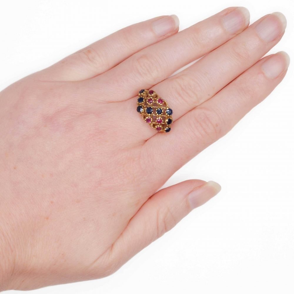Vintage 9ct Gold, Pink & Blue Sapphire Bombe ring - Image 6