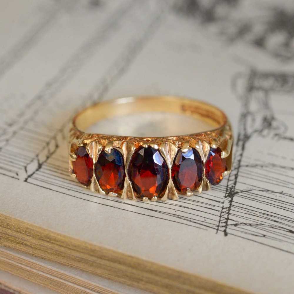 Vintage 9ct Gold 5-Stone Garnet Bridge Ring