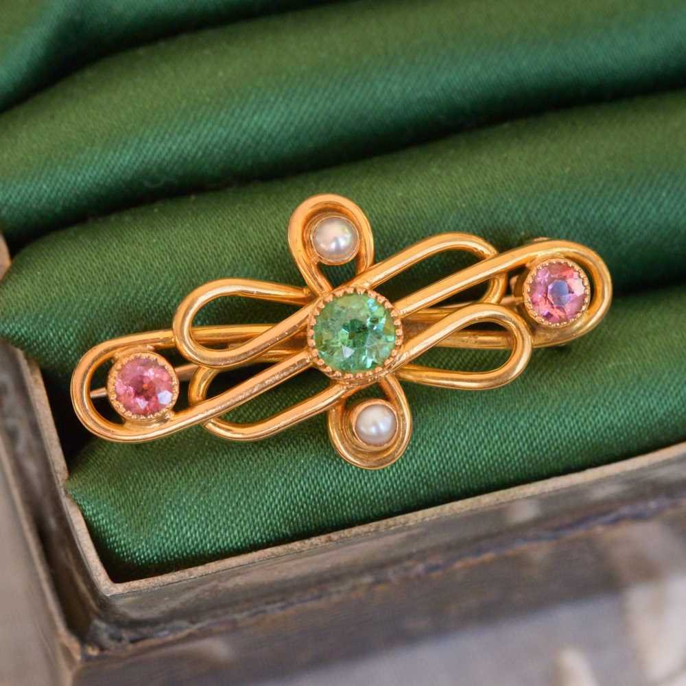 Edwardian Tourmaline & Seed Pearl Brooch in 14ct Gold