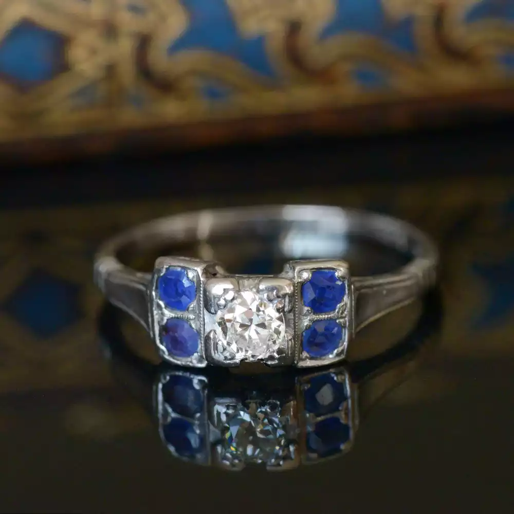 Art Deco Diamond & Blue Garnet Doublet Ring in 18ct White Gold