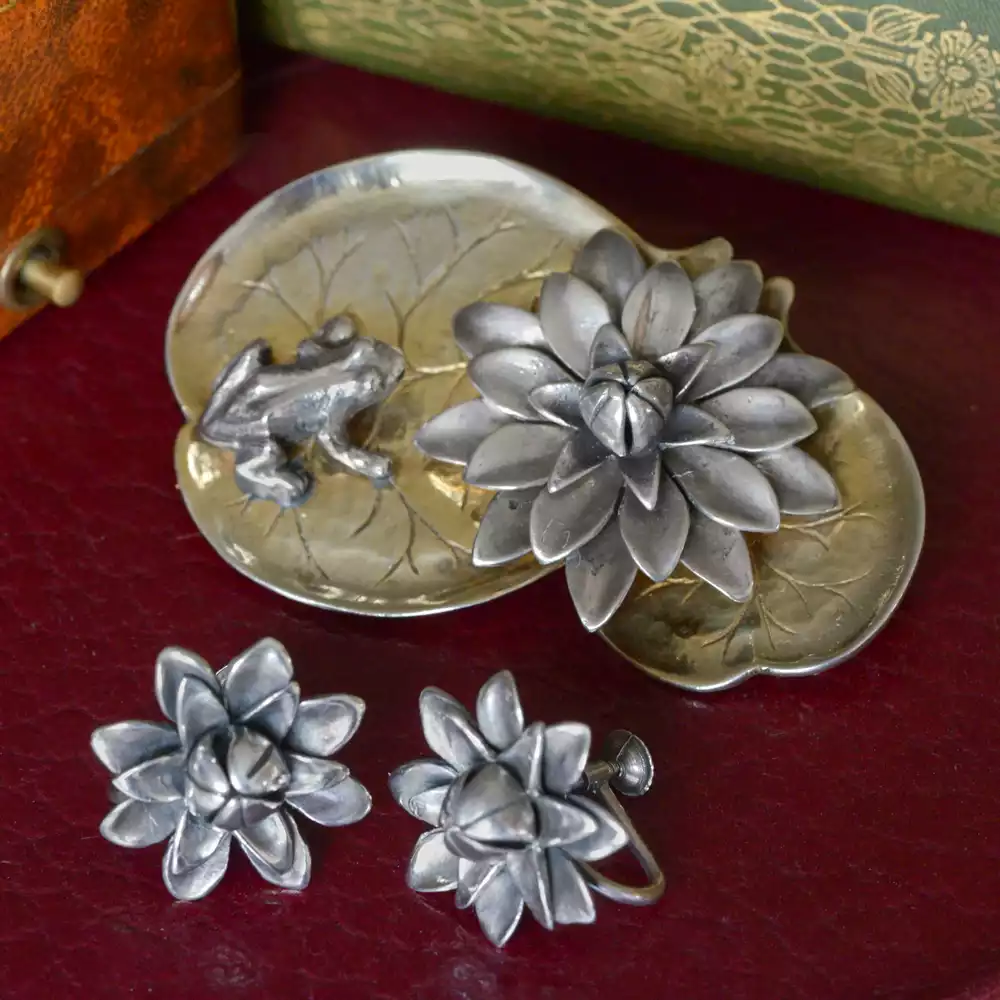 Mid-Century Waterlilly Brooch & Earrings Set in Sterling Silver