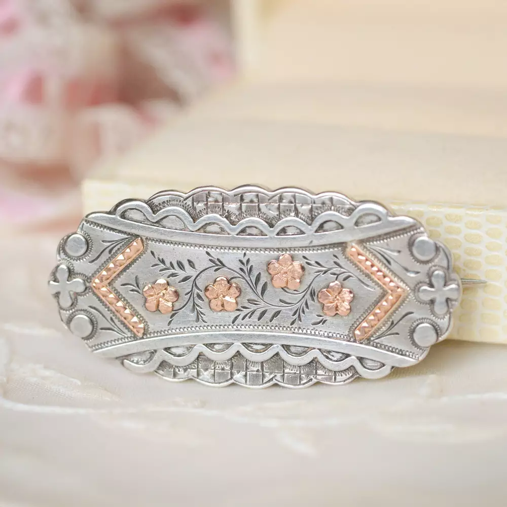 Antique Late Victorian Floral Brooch in Gold & Sterling Silver