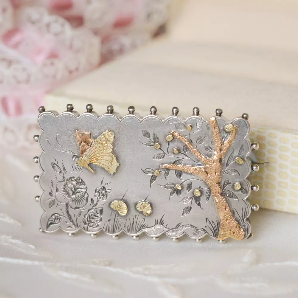Victorian Aesthetic Style Brooch in Sterling Silver with Gold Highlight