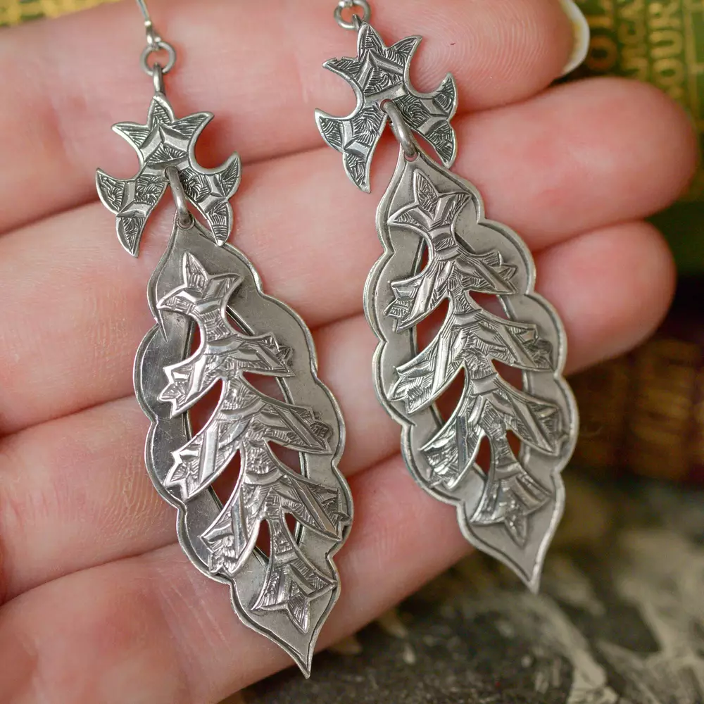 Antique Victorian Engraved Pendant Earrings in Sterling Silver