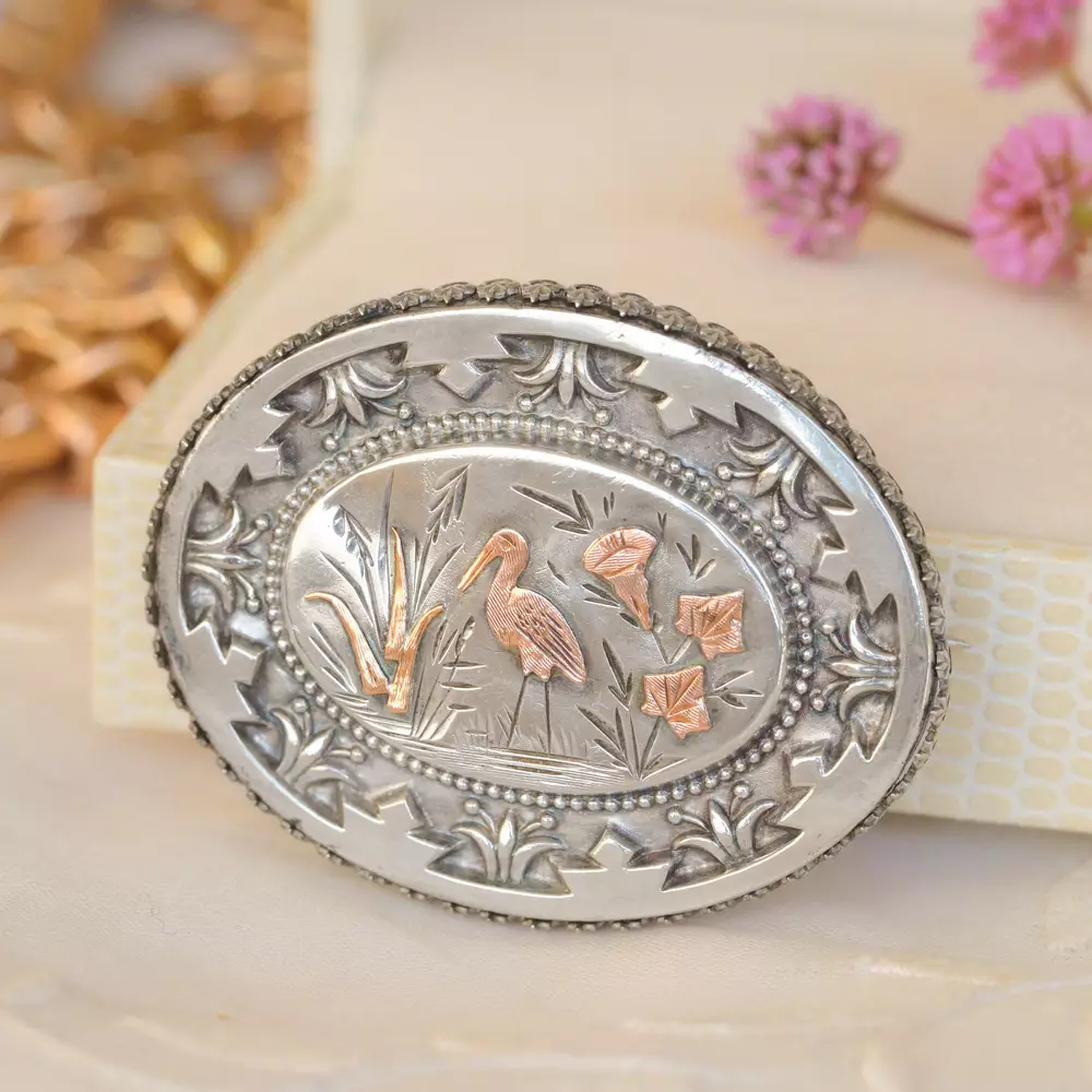Victorian Aesthetic Style Brooch in Sterling Silver with Rose Gold Highlight