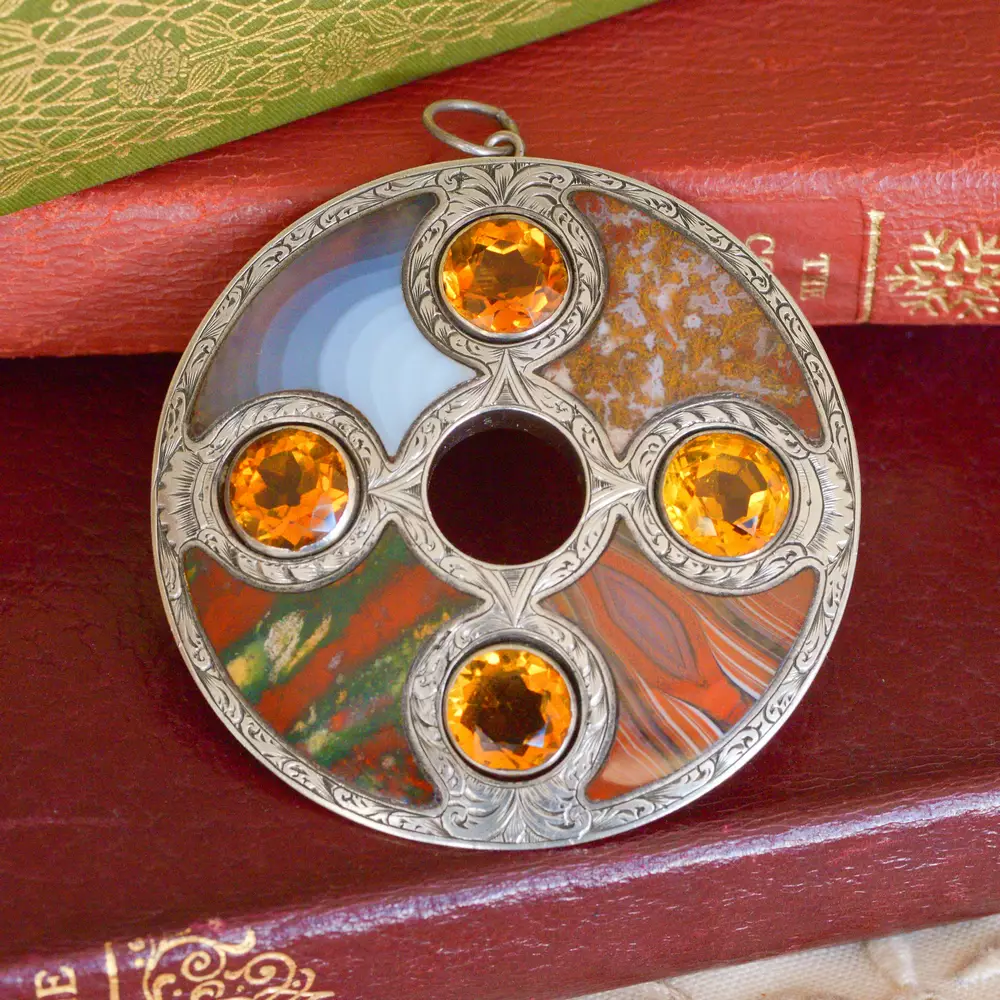 Antique Victorian Citrine & Agate Pendant in Silver
