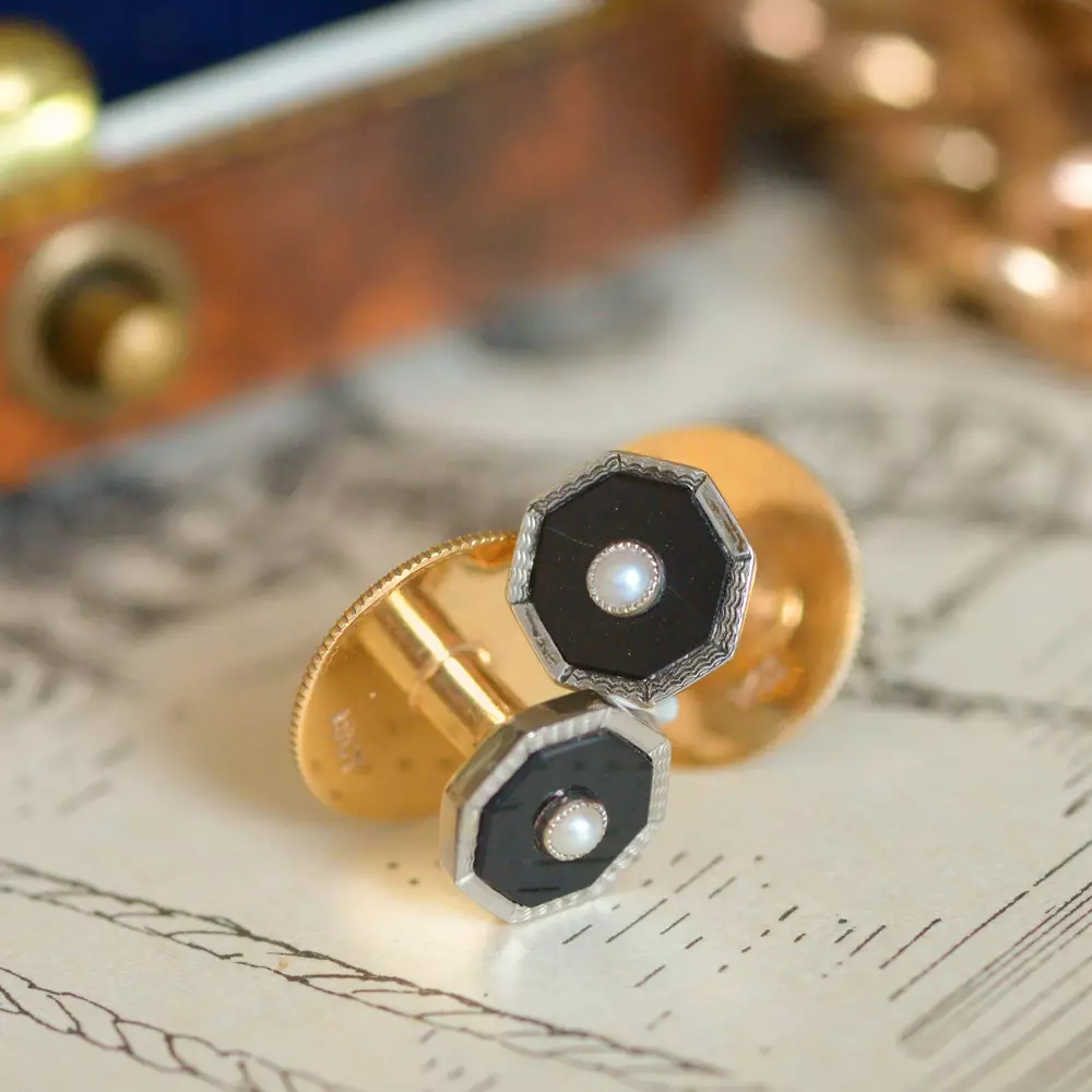 Art Deco 18ct Gold, Onyx & Pearl Collar Studs