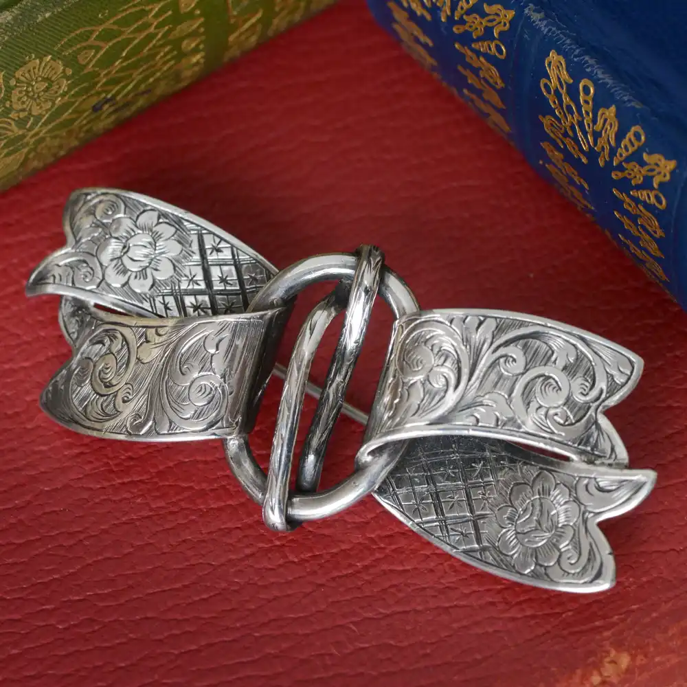 Rare Antique Bow Brooch in Sterling Silver by Royally Appointed Silversmith to Queen Victoria