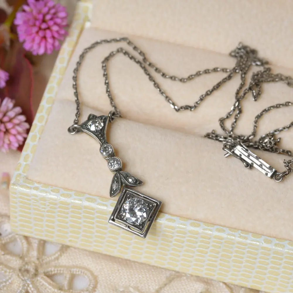 Antique Edwardian Diamond Drop Pendant Necklace in Silver