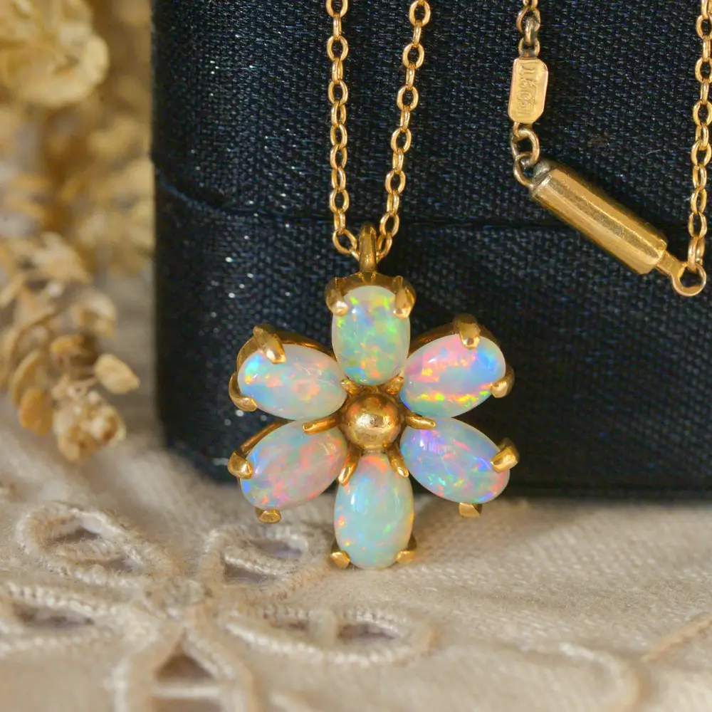 Antique Edwardian Opal Floral Pendant Necklace in 15ct Gold
