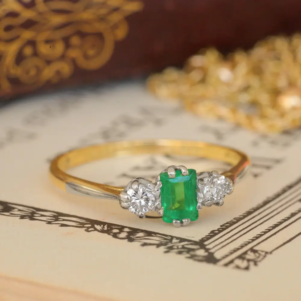 Art Deco Emerald & Diamond Trilogy Ring in 18ct Gold
