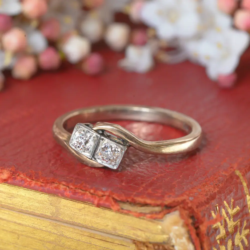 Art Deco Twin Diamond Crossover Ring in 9ct Gold & Platinum
