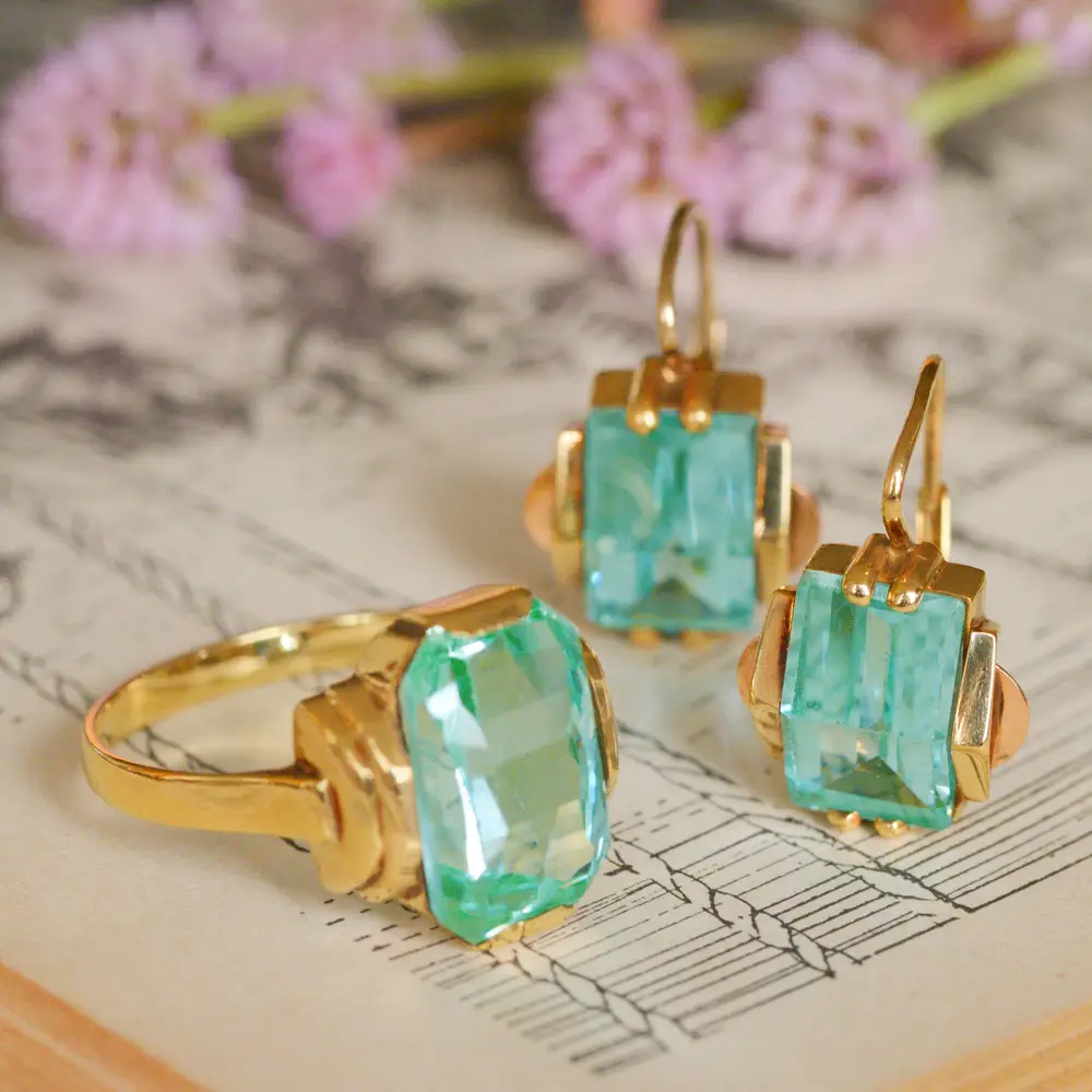 Retro Vintage Blue Spinel Earring & Ring Set in 14ct Gold