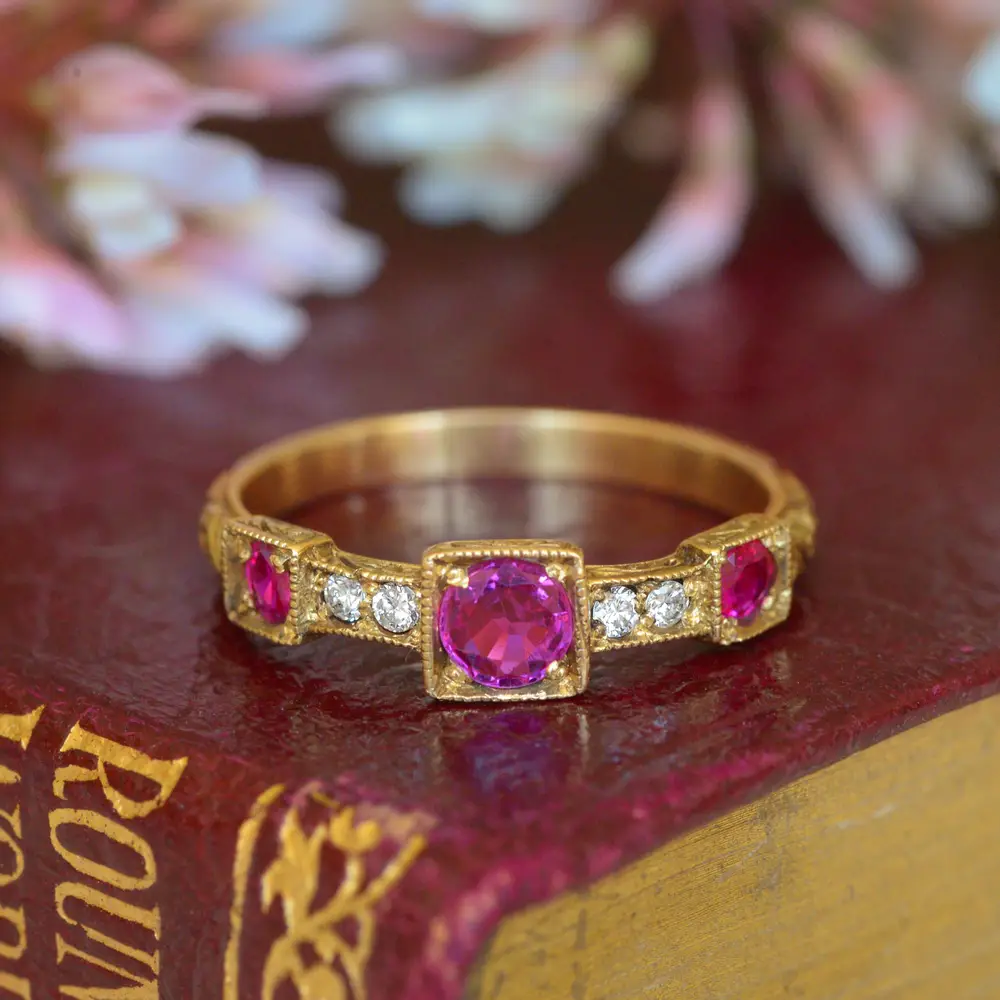 Antique Ruby & Diamond Band Ring in 9ct Gold