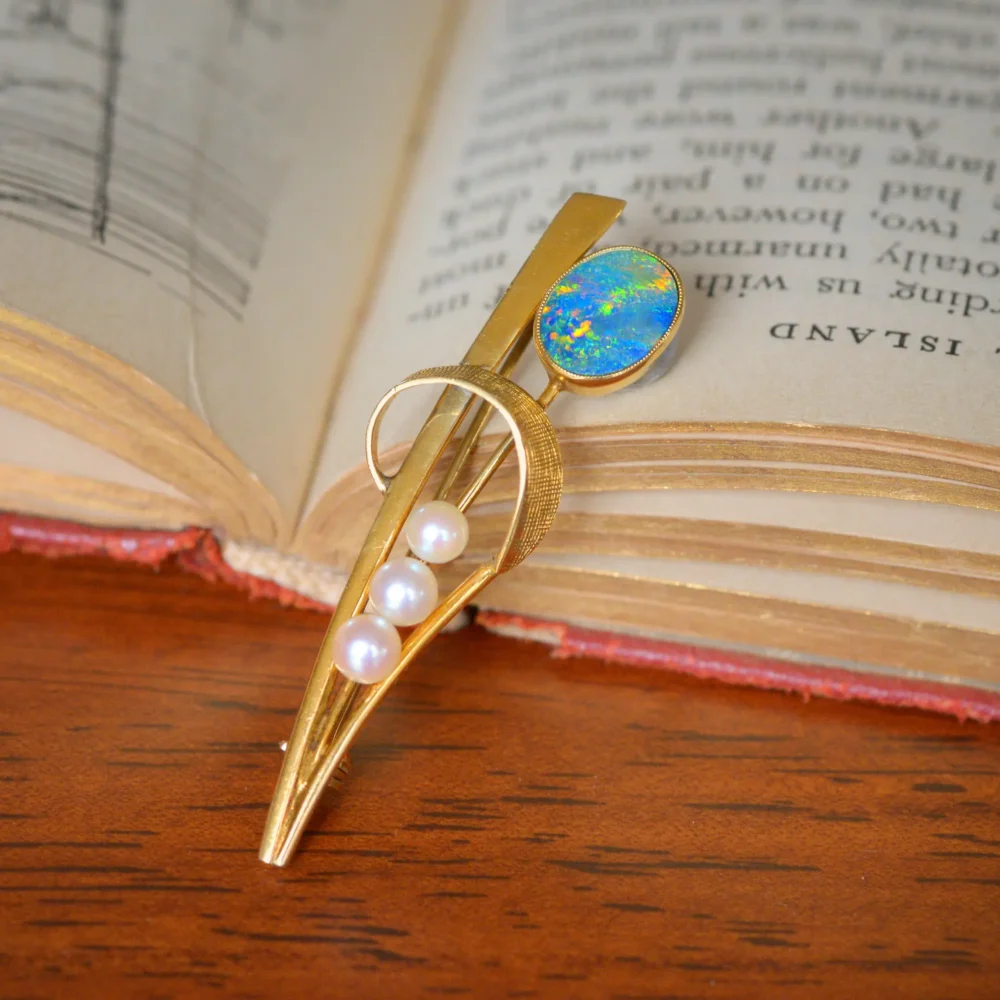 Vintage Opal & Pearl Brooch in 9ct Yellow Gold