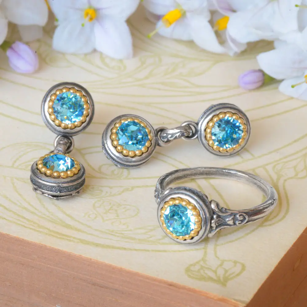 Byzantine Style Ring & Earring Set, Aquamarine Crystal in Sterling Silver